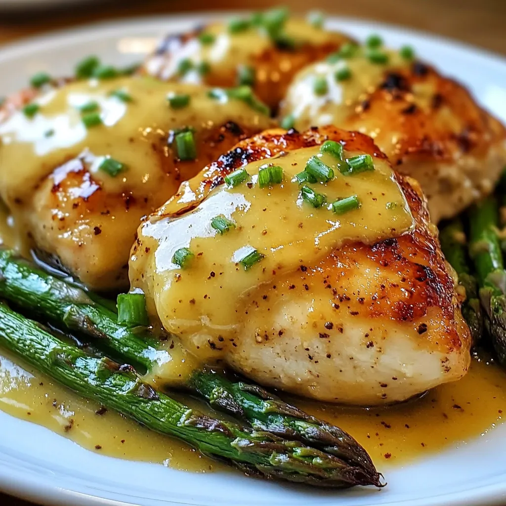 Pechugas de pollo doradas en sartén con salsa de miel y mostaza.