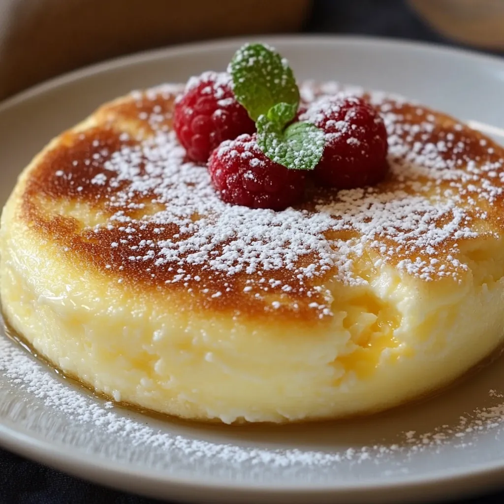 Postre rápido de huevo y yogur servido en rebanadas en un plato blanco, decorado con azúcar glas y frutas frescas.