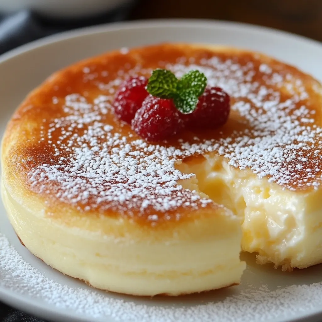 Postre rápido de huevo y yogur servido en rebanadas en un plato blanco, decorado con azúcar glas y frutas frescas.