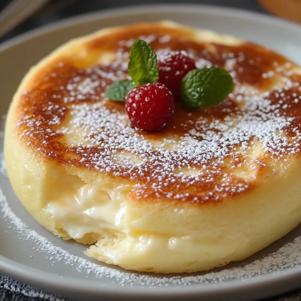 Postre rápido de huevo y yogur servido en rebanadas en un plato blanco, decorado con azúcar glas y frutas frescas.