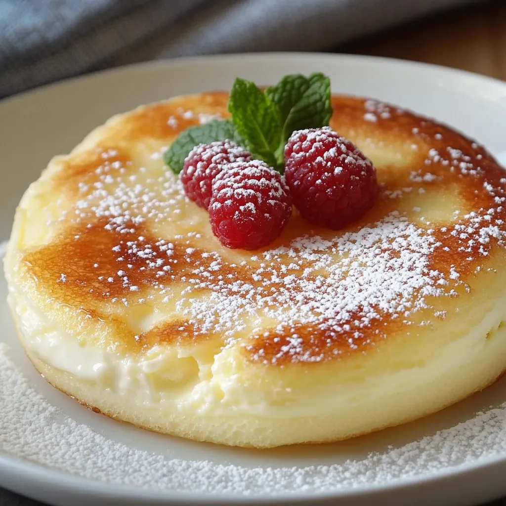 Postre rápido de huevo y yogur servido en rebanadas en un plato blanco, decorado con azúcar glas y frutas frescas.