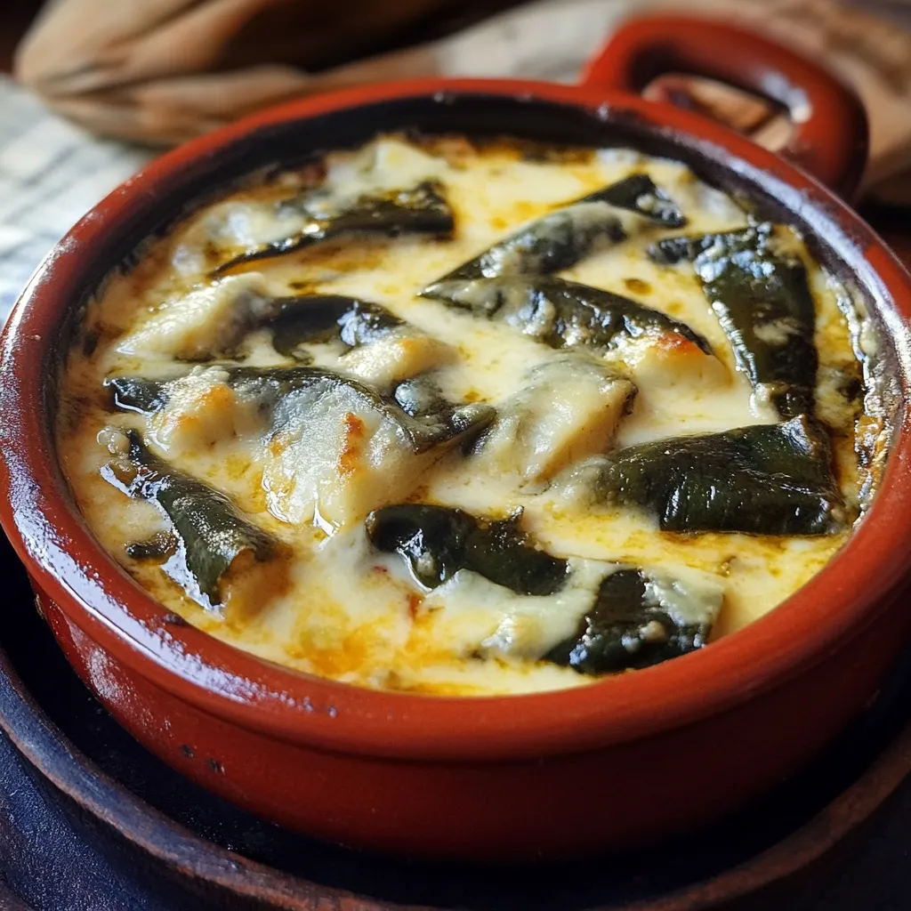 Rajas de chile poblano con queso servidas en un caldillo de jitomate, acompañadas con tortillas de maíz y arroz.