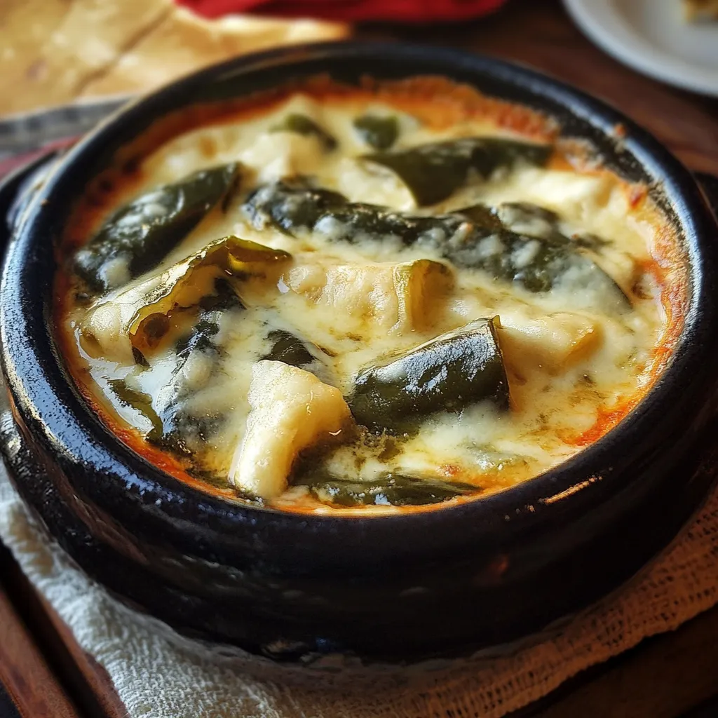 Rajas de chile poblano con queso servidas en un caldillo de jitomate, acompañadas con tortillas de maíz y arroz.