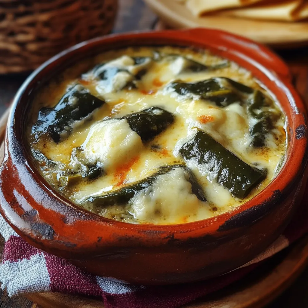 Rajas de chile poblano con queso servidas en un caldillo de jitomate, acompañadas con tortillas de maíz y arroz.