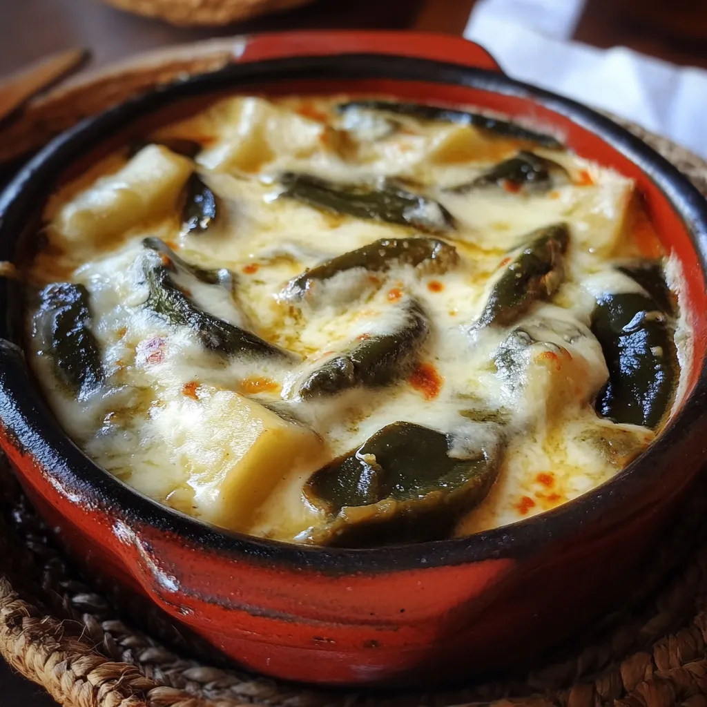Rajas de chile poblano con queso servidas en un caldillo de jitomate, acompañadas con tortillas de maíz y arroz.