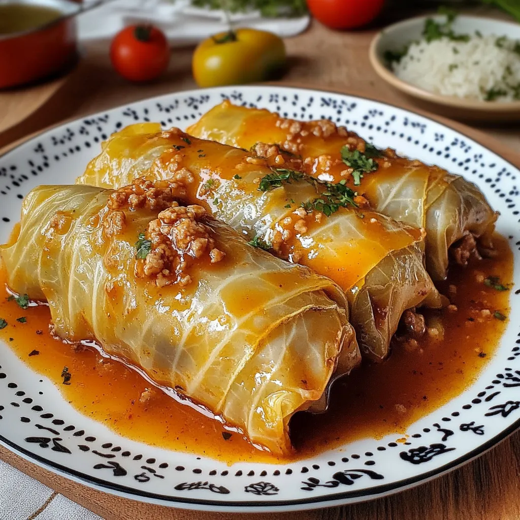 Rollitos de repollo rellenos de carne y arroz, cubiertos con salsa de tomate casera, servidos en un plato blanco.