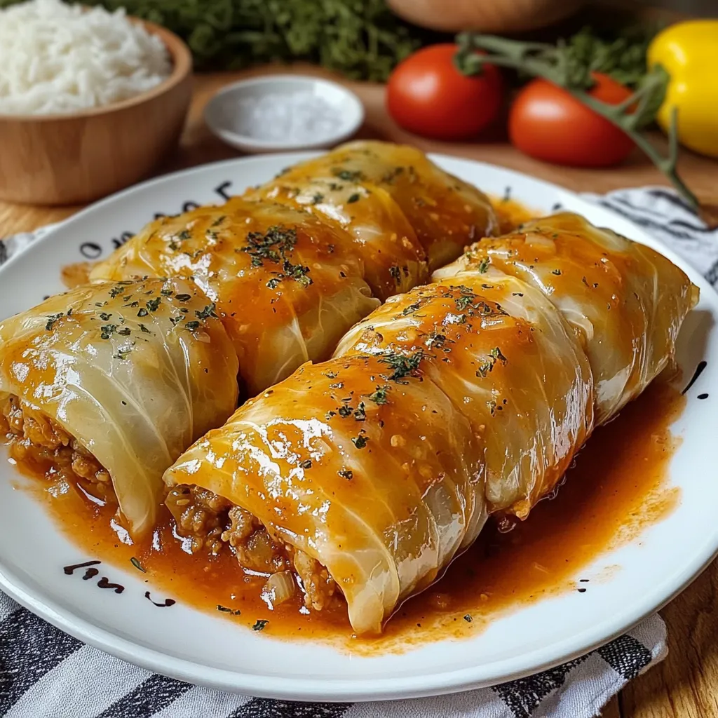 Rollitos de repollo rellenos de carne y arroz, cubiertos con salsa de tomate casera, servidos en un plato blanco.
