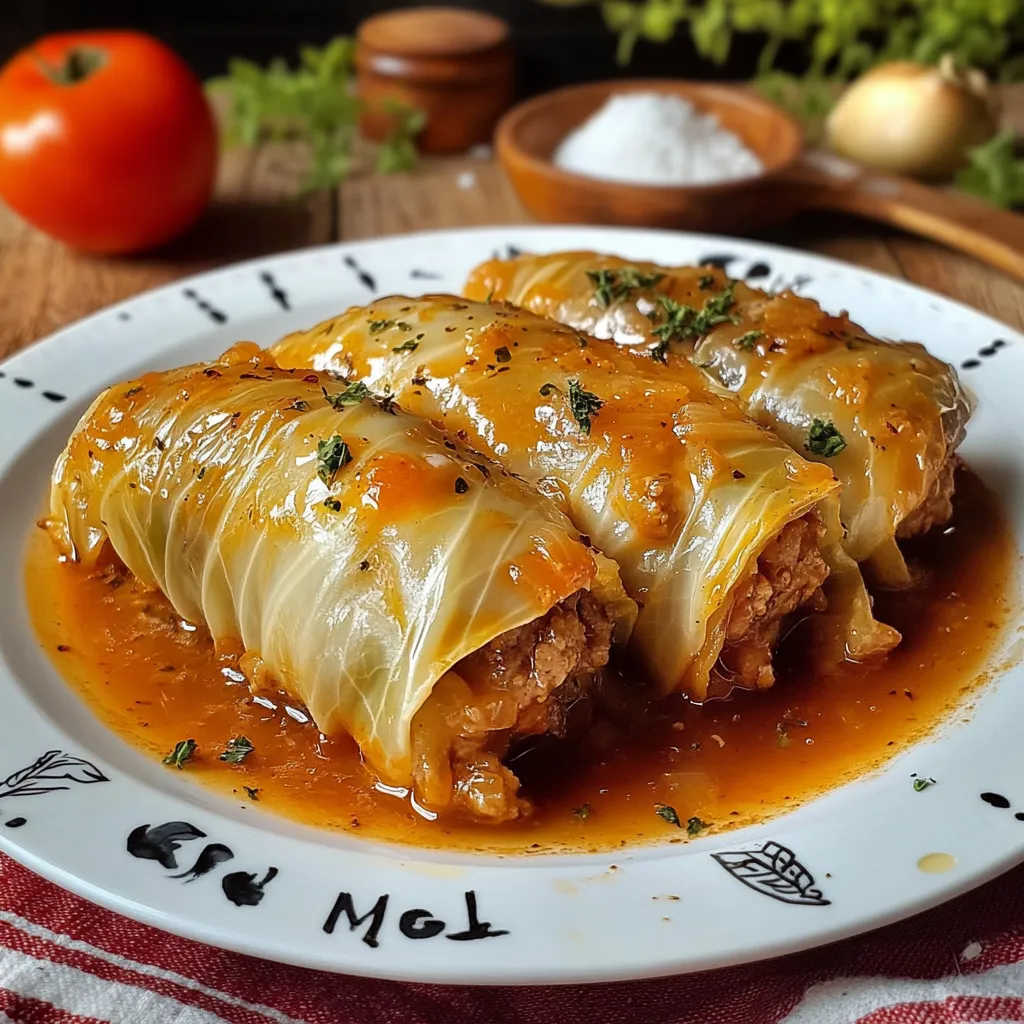 Rollitos de repollo rellenos de carne y arroz, cubiertos con salsa de tomate casera, servidos en un plato blanco.