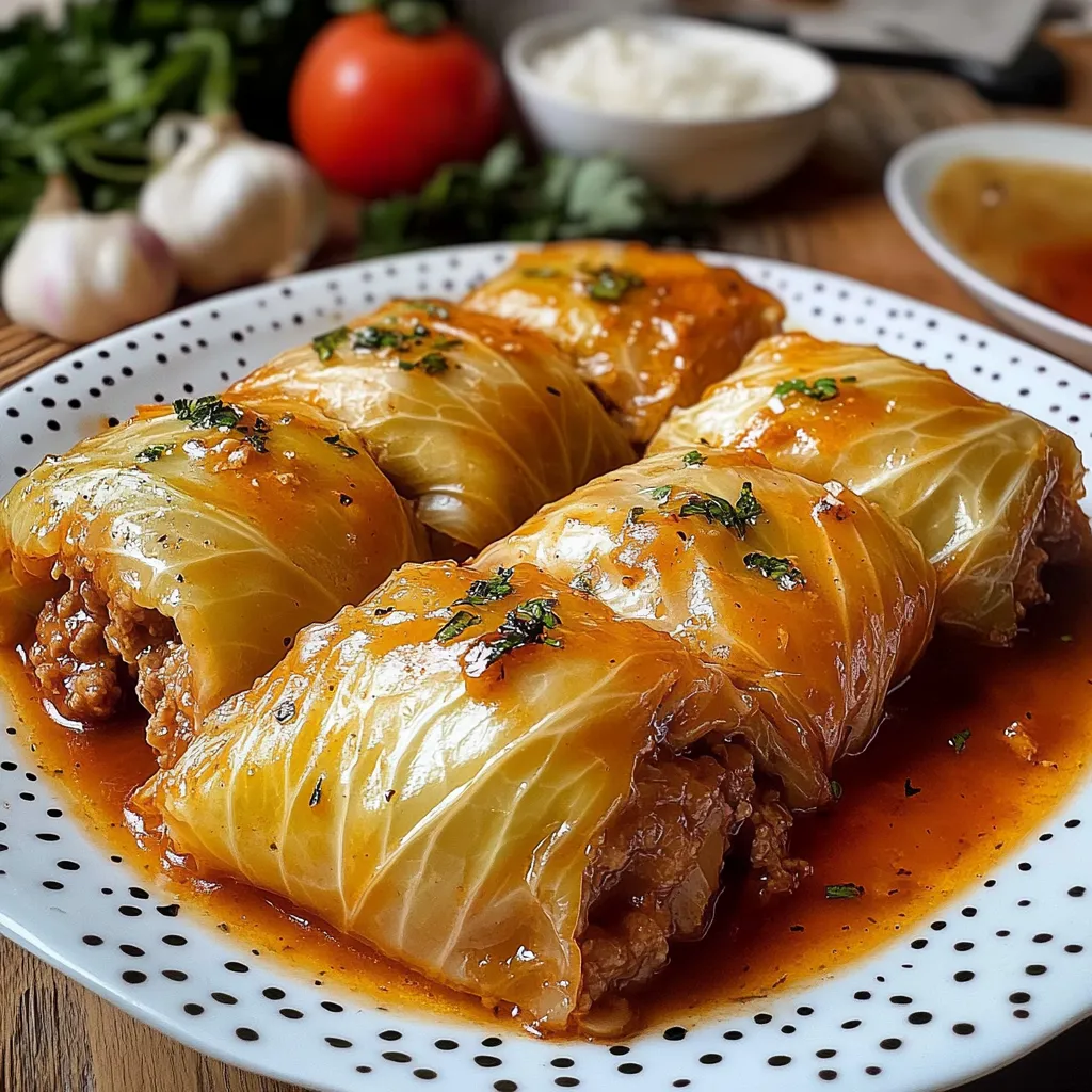 Rollitos de repollo rellenos de carne y arroz, cubiertos con salsa de tomate casera, servidos en un plato blanco.