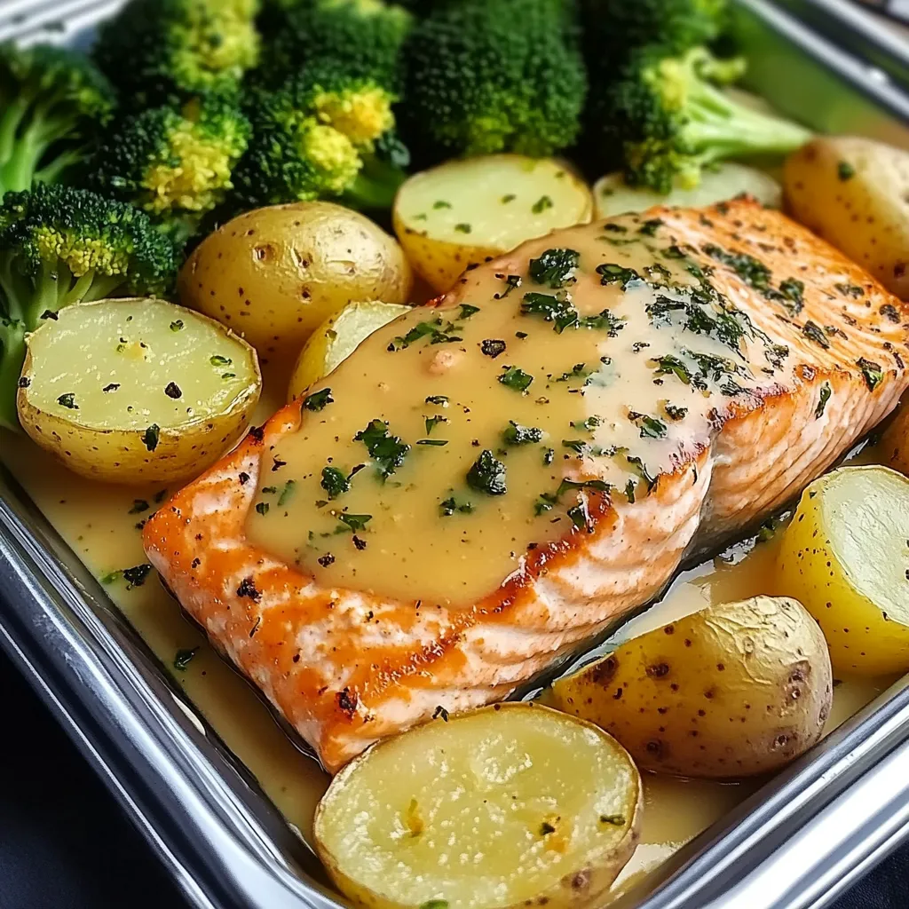 Salmón dorado en sartén con mantequilla de limón, acompañado de patatas crujientes y brócoli al vapor servido en un plato blanco.