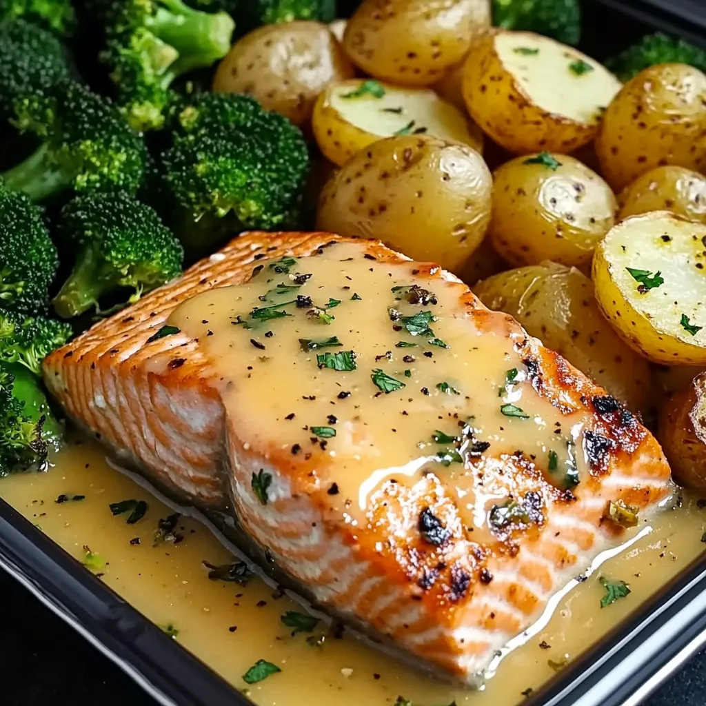 Salmón dorado en sartén con mantequilla de limón, acompañado de patatas crujientes y brócoli al vapor servido en un plato blanco.