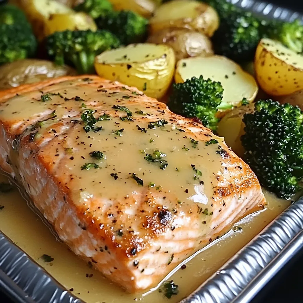 Salmón dorado en sartén con mantequilla de limón, acompañado de patatas crujientes y brócoli al vapor servido en un plato blanco.
