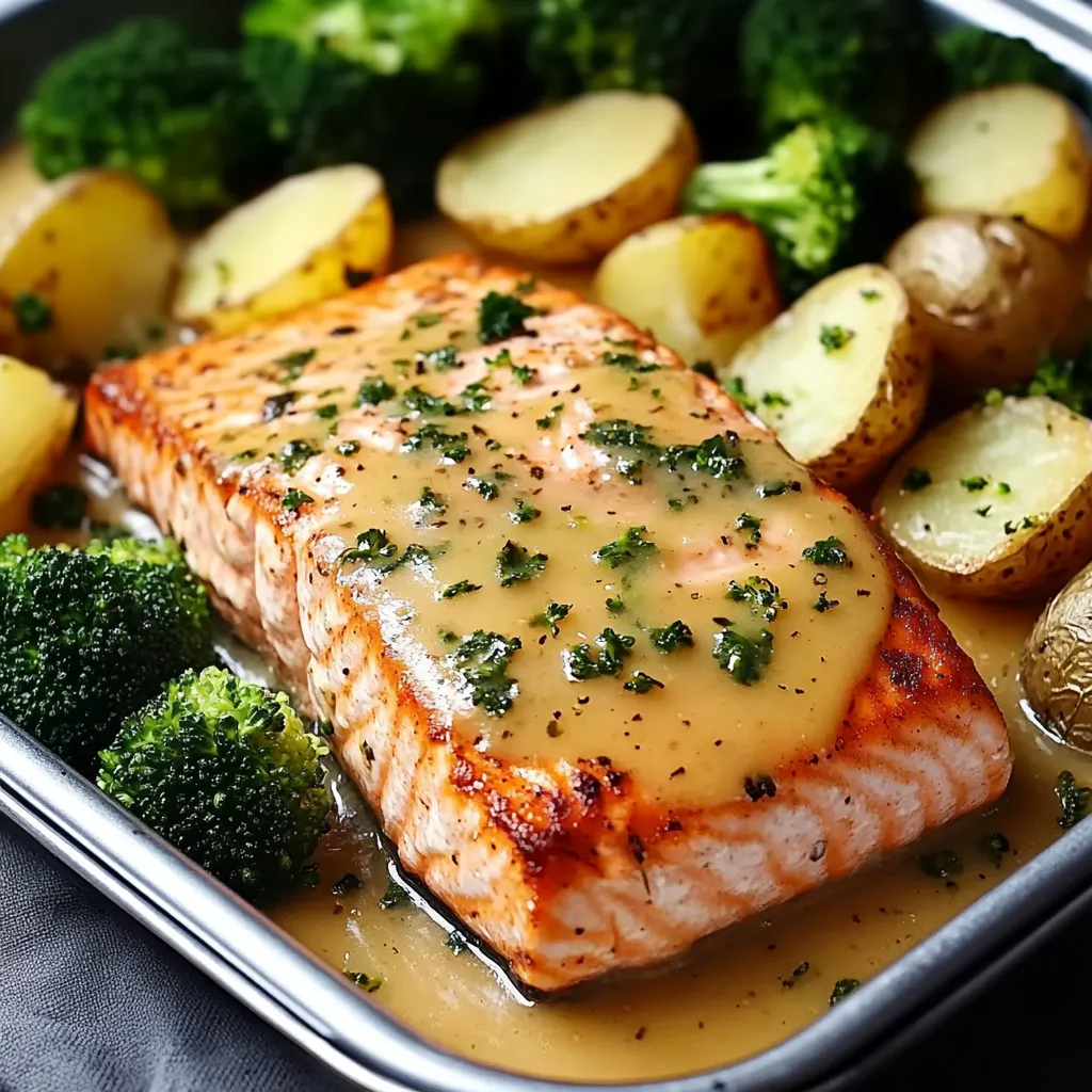 Salmón dorado en sartén con mantequilla de limón, acompañado de patatas crujientes y brócoli al vapor servido en un plato blanco.