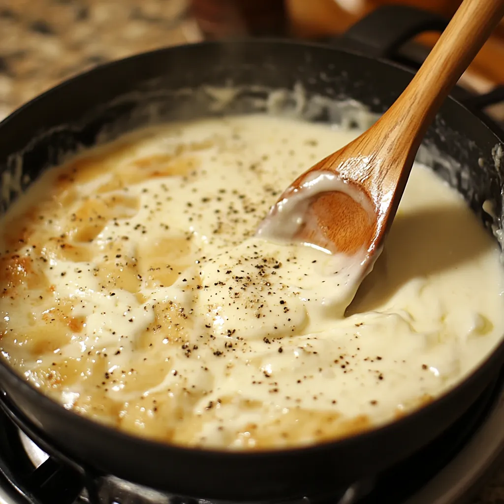 Salsa bechamel cremosa en una cacerola con batidor de mano
