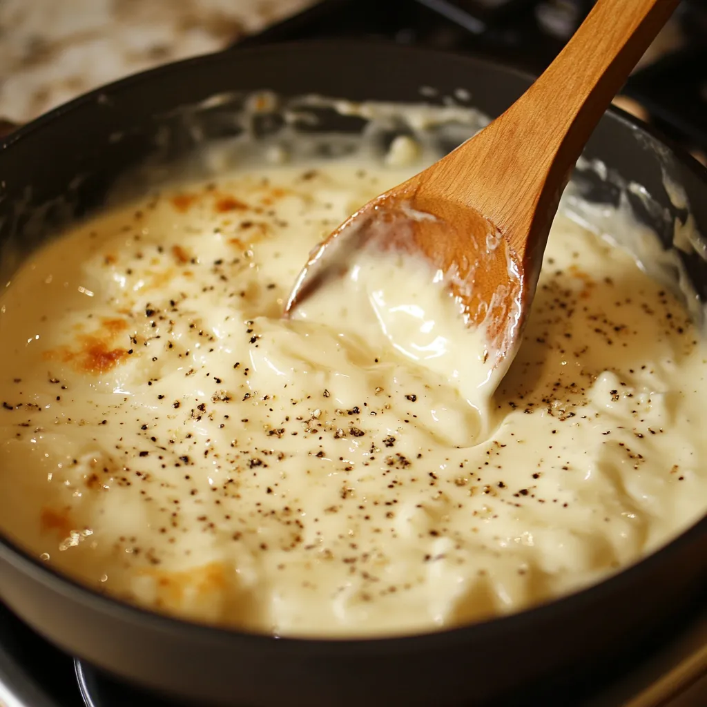 Salsa bechamel vertiéndose sobre una lasaña casera