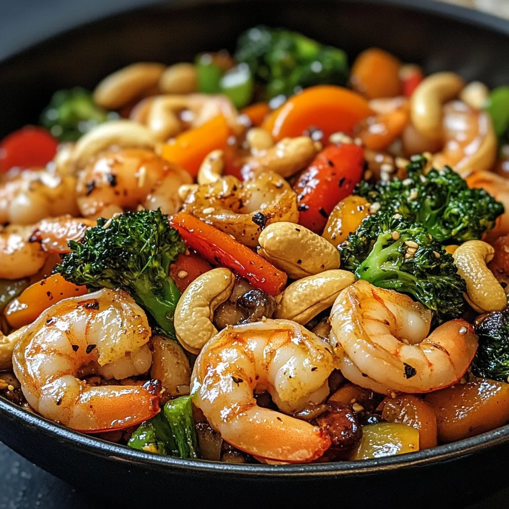 Plato de salteado de camarones al ajo con verduras y anacardos servido en un sartén negro con arroz blanco al lado.