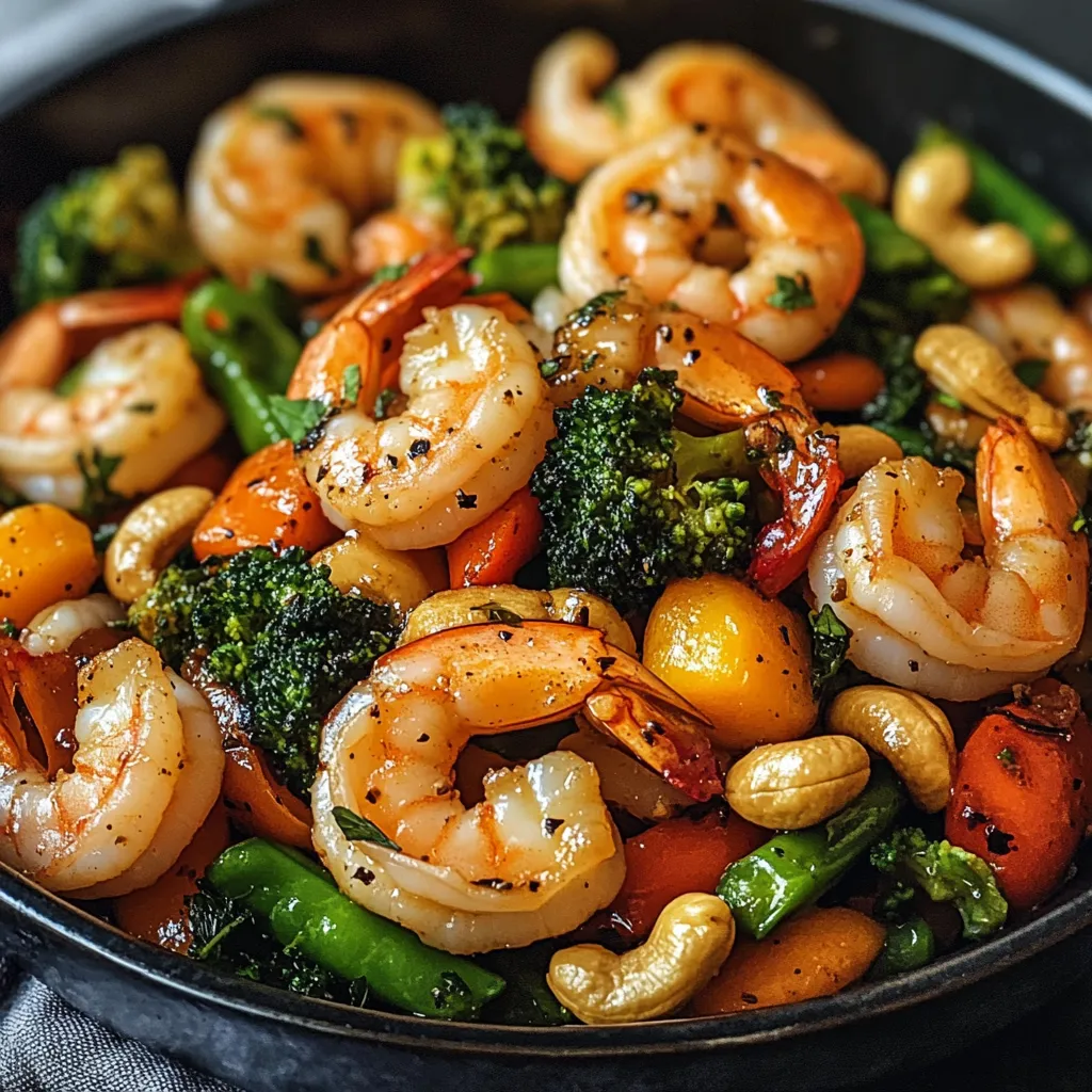 Plato de salteado de camarones al ajo con verduras y anacardos servido en un sartén negro con arroz blanco al lado.