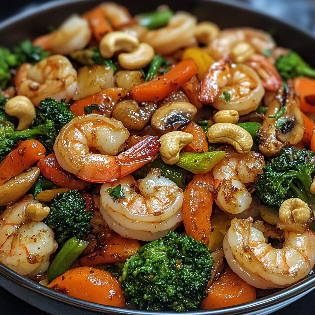 Plato de salteado de camarones al ajo con verduras y anacardos servido en un sartén negro con arroz blanco al lado.