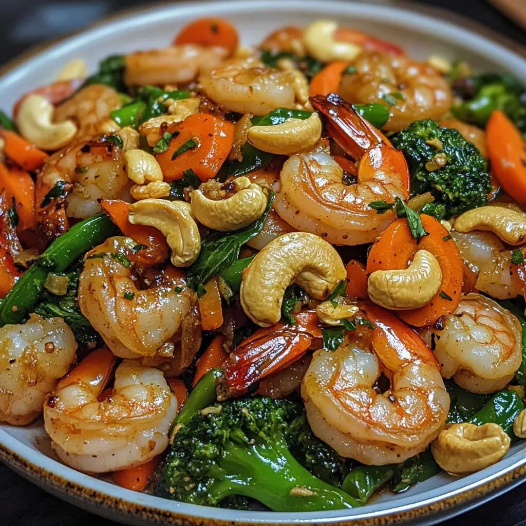 Plato de salteado de camarones al ajo con verduras y anacardos servido en un sartén negro con arroz blanco al lado.