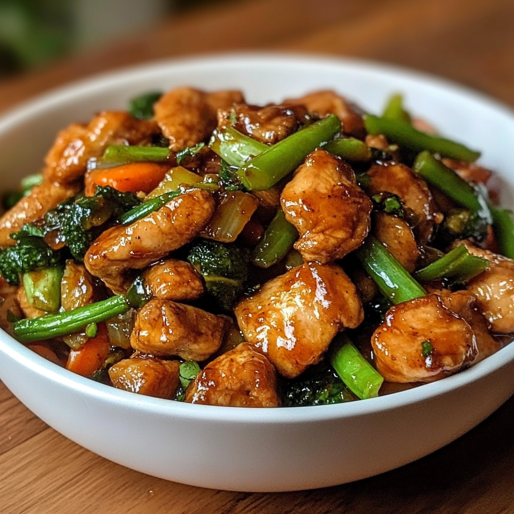 Plato de salteado de pollo con verduras servido en un wok.