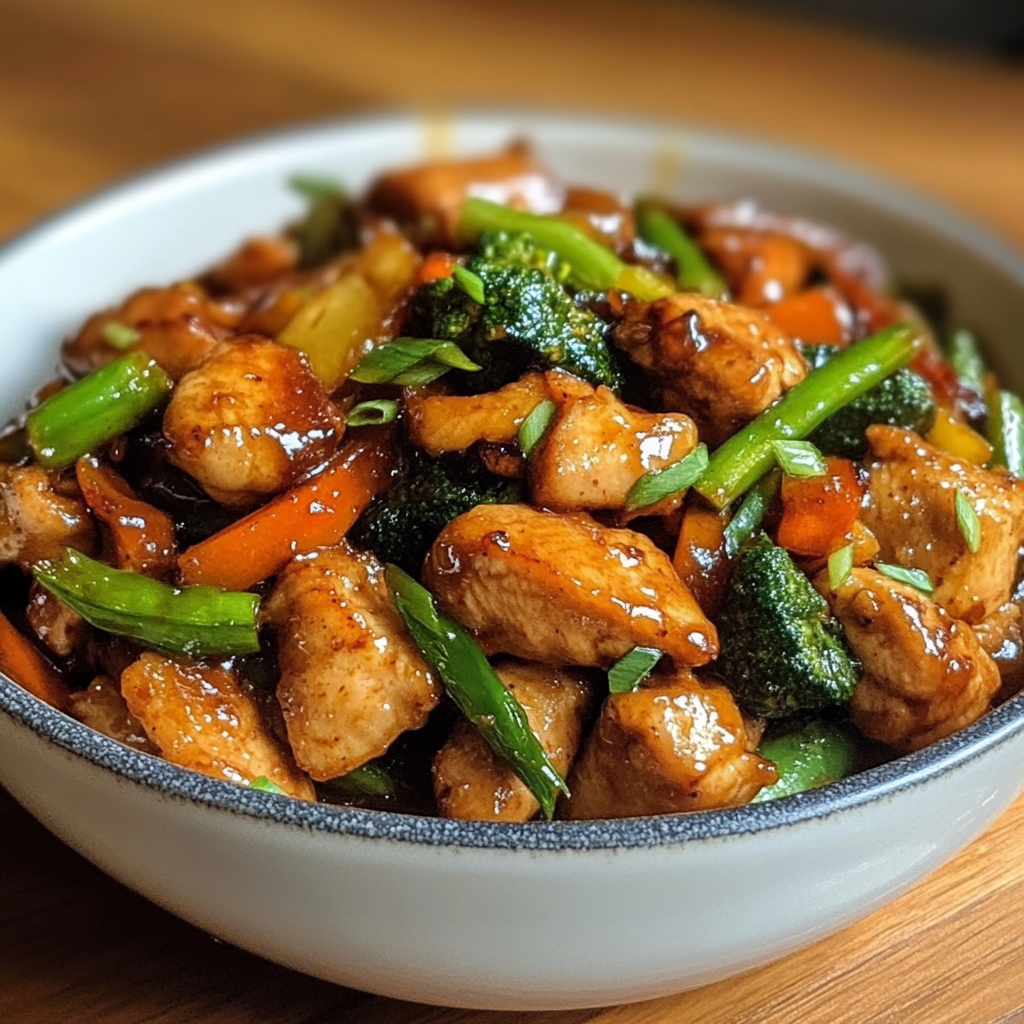 Plato de salteado de pollo con verduras servido en un wok.