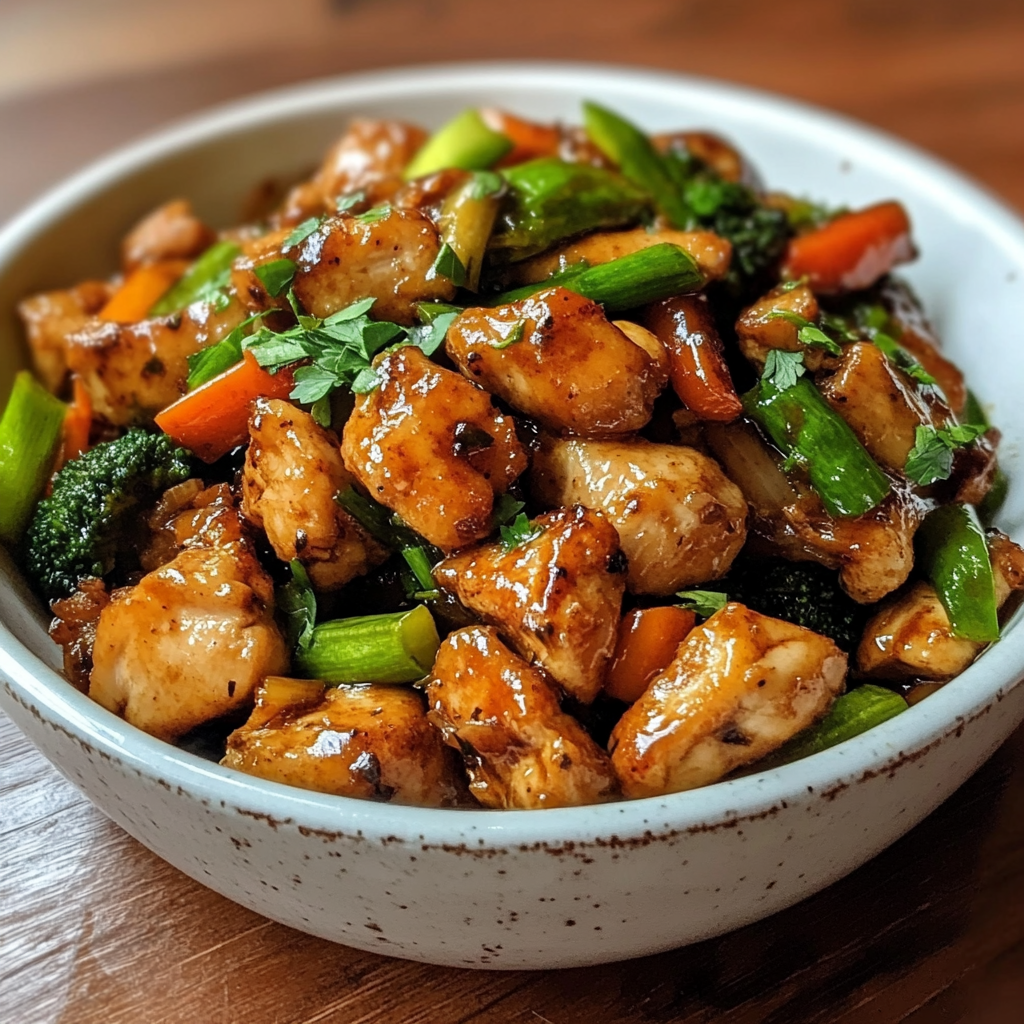 Plato de salteado de pollo con verduras servido en un wok.