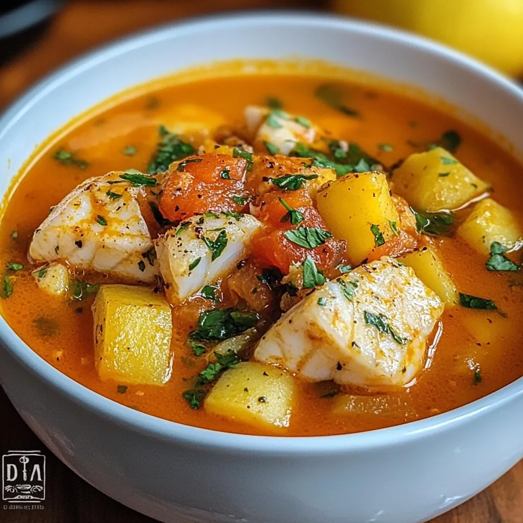 Sopa de pescado en un tazón con trozos de pescado blanco, patatas y verduras frescas, decorada con perejil.