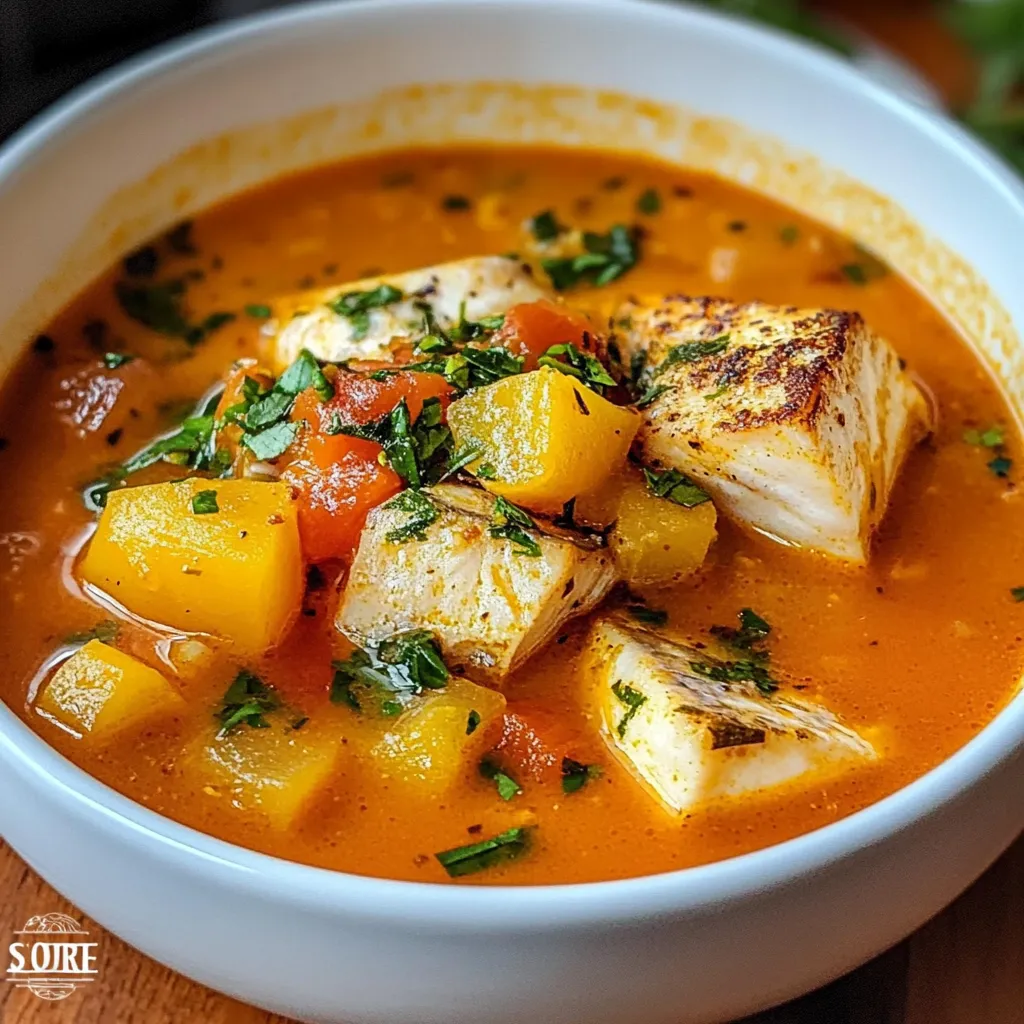 Sopa de pescado en un tazón con trozos de pescado blanco, patatas y verduras frescas, decorada con perejil.