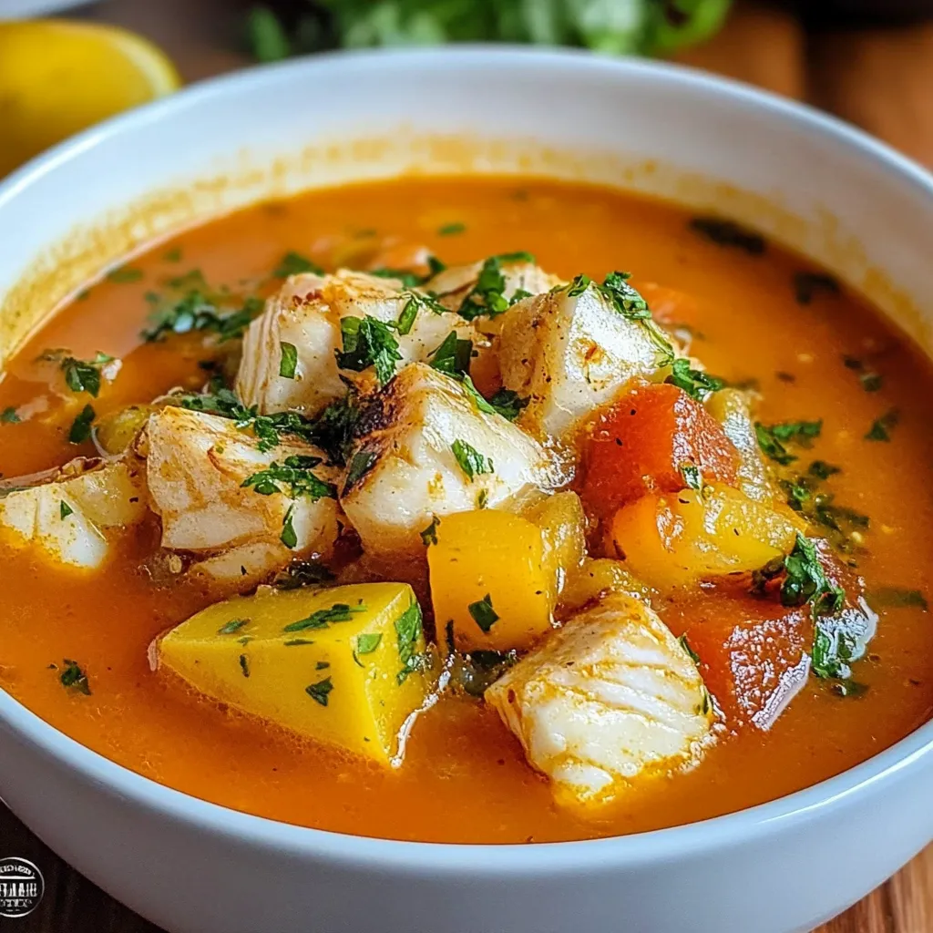 Sopa de pescado en un tazón con trozos de pescado blanco, patatas y verduras frescas, decorada con perejil.