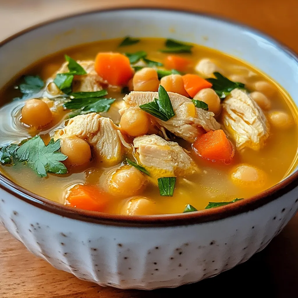Sopa de pollo con garbanzos servida en un tazón con cilantro fresco como decoración.