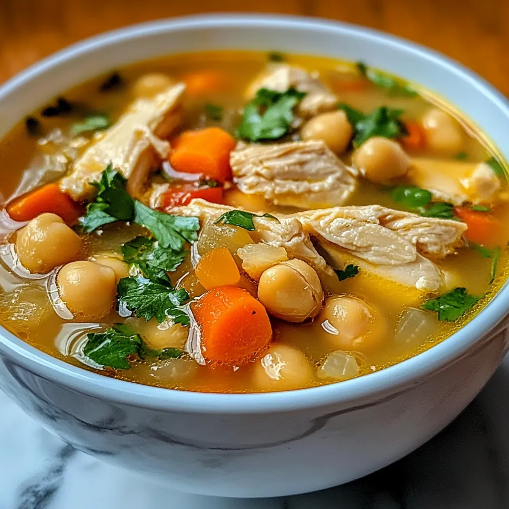 Sopa de pollo con garbanzos servida en un tazón con cilantro fresco como decoración.