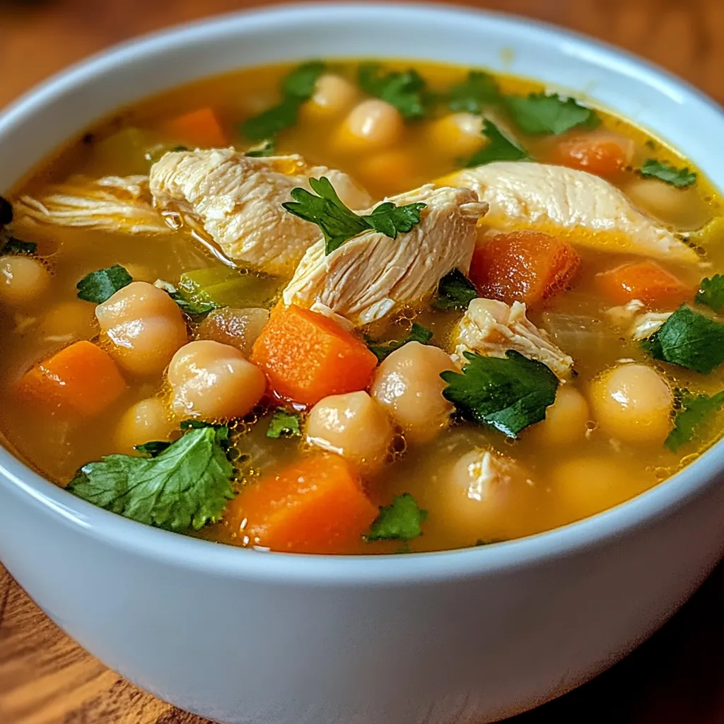 Sopa de pollo con garbanzos servida en un tazón con cilantro fresco como decoración.