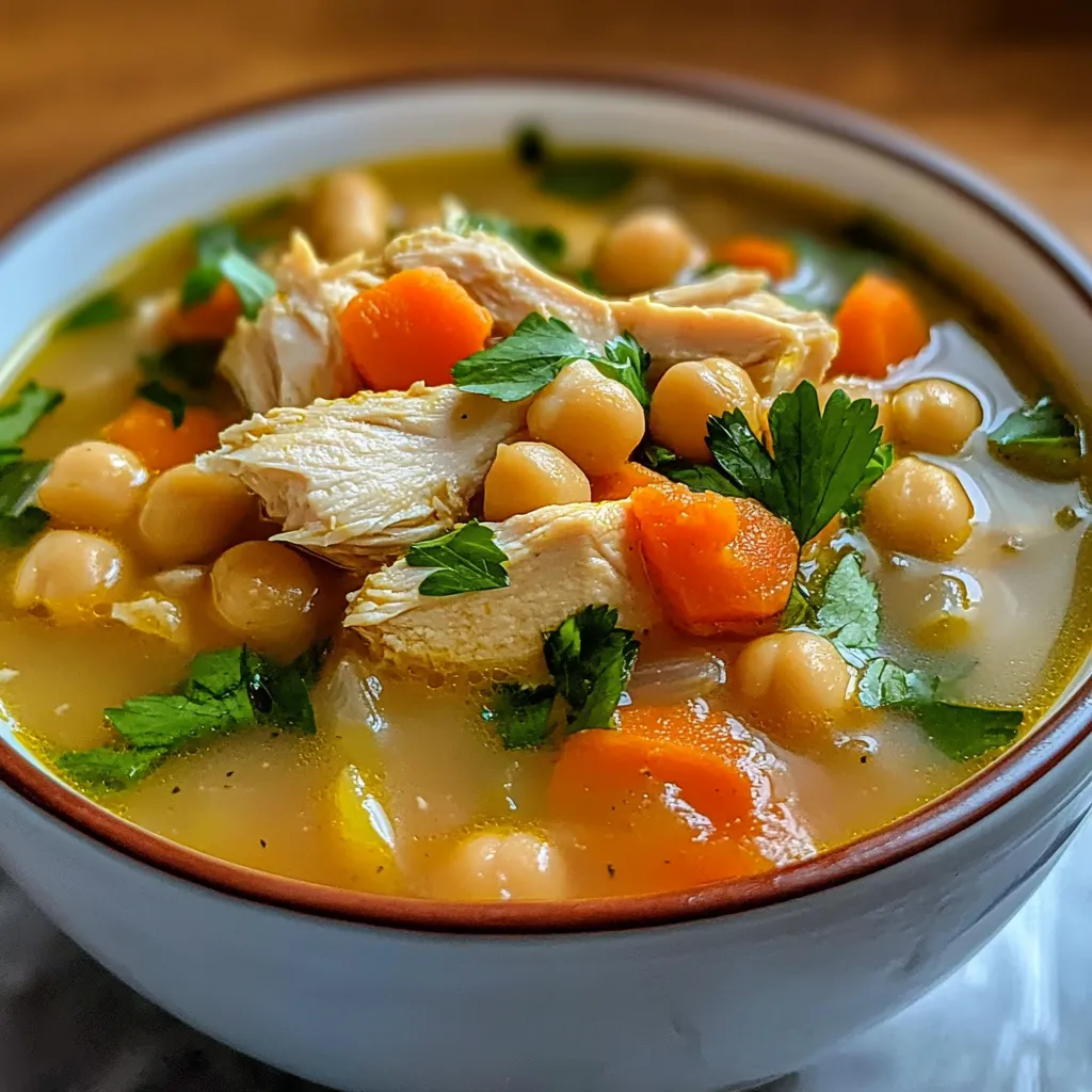 Sopa de pollo con garbanzos servida en un tazón con cilantro fresco como decoración.
