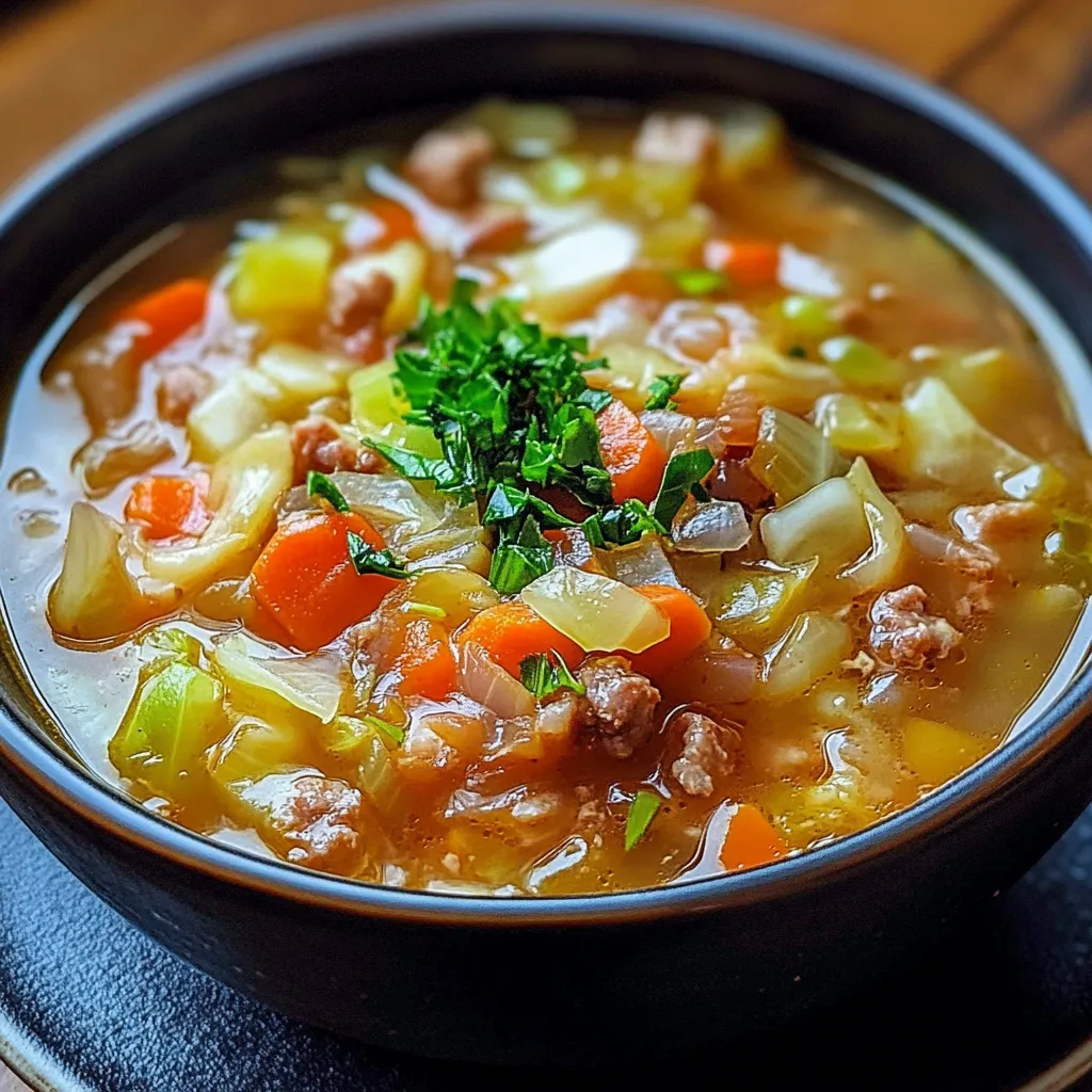 Plato de sopa de repollo servida en un bol con perejil fresco.