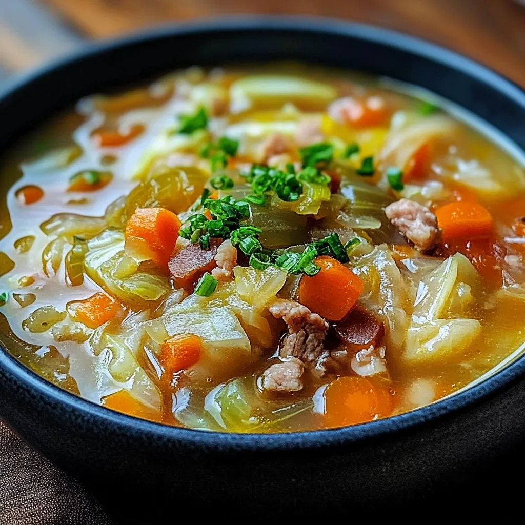 Plato de sopa de repollo servida en un bol con perejil fresco.