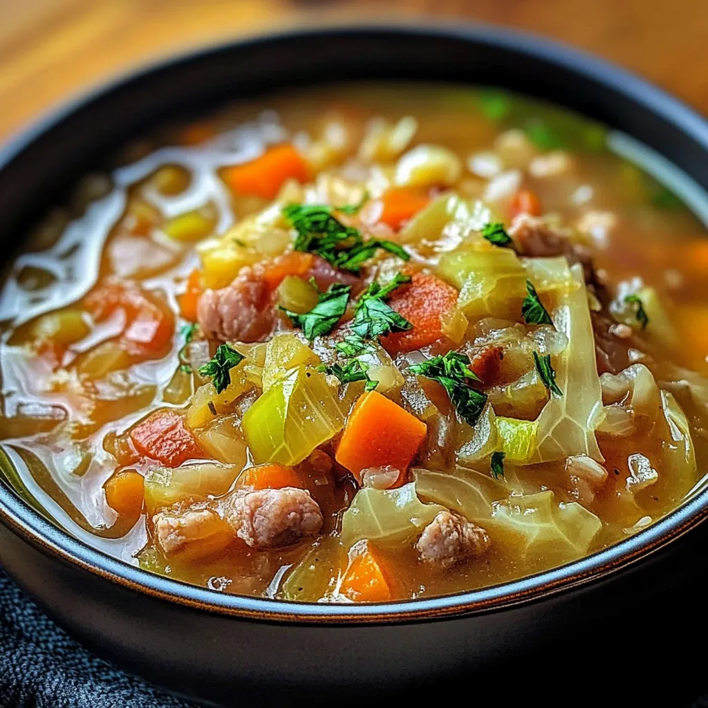 Plato de sopa de repollo servida en un bol con perejil fresco.