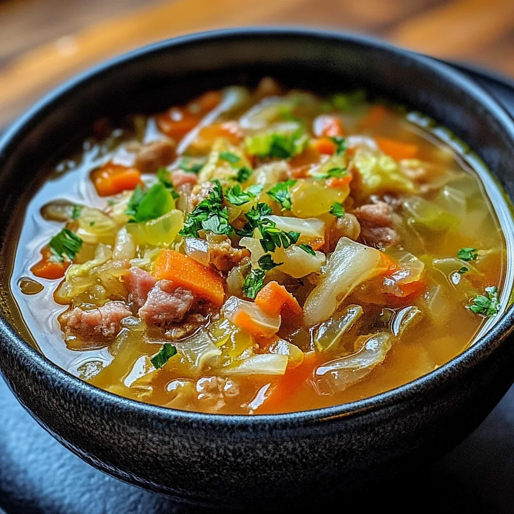 Plato de sopa de repollo servida en un bol con perejil fresco.