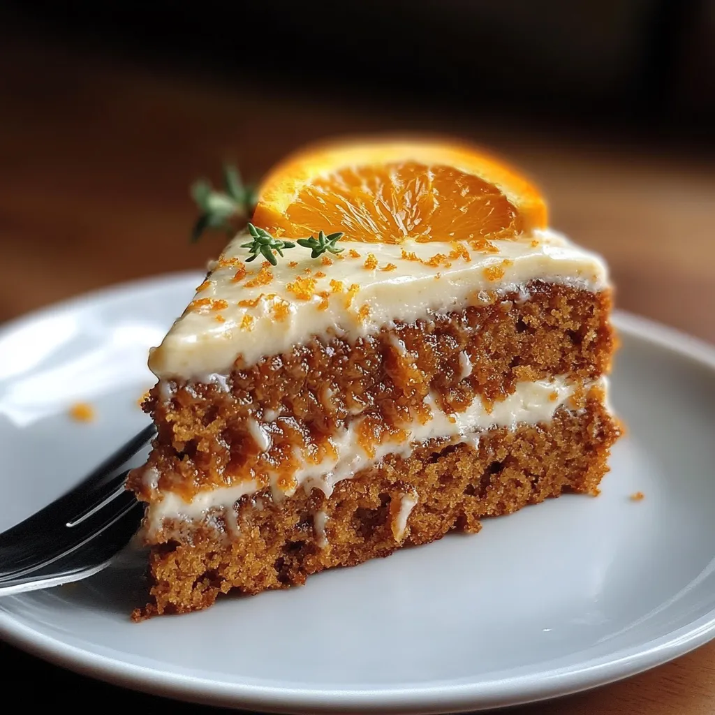 "Tarta saludable de zanahoria y naranja recién horneada, esponjosa y con un toque cítrico natural." "Rebanada de pastel de zanahoria y naranja con cobertura de yogur griego y frutos secos." "Ingredientes frescos para una tarta saludable de zanahoria y naranja, sin azúcar refinada."