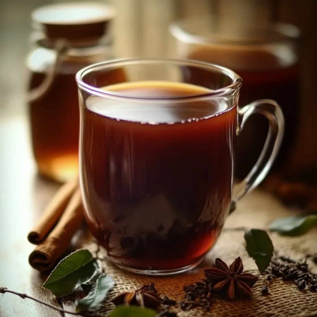 Té de jamaica, canela y laurel servido en un vaso, con un color rojo vibrante y decorado con una raja de canela.