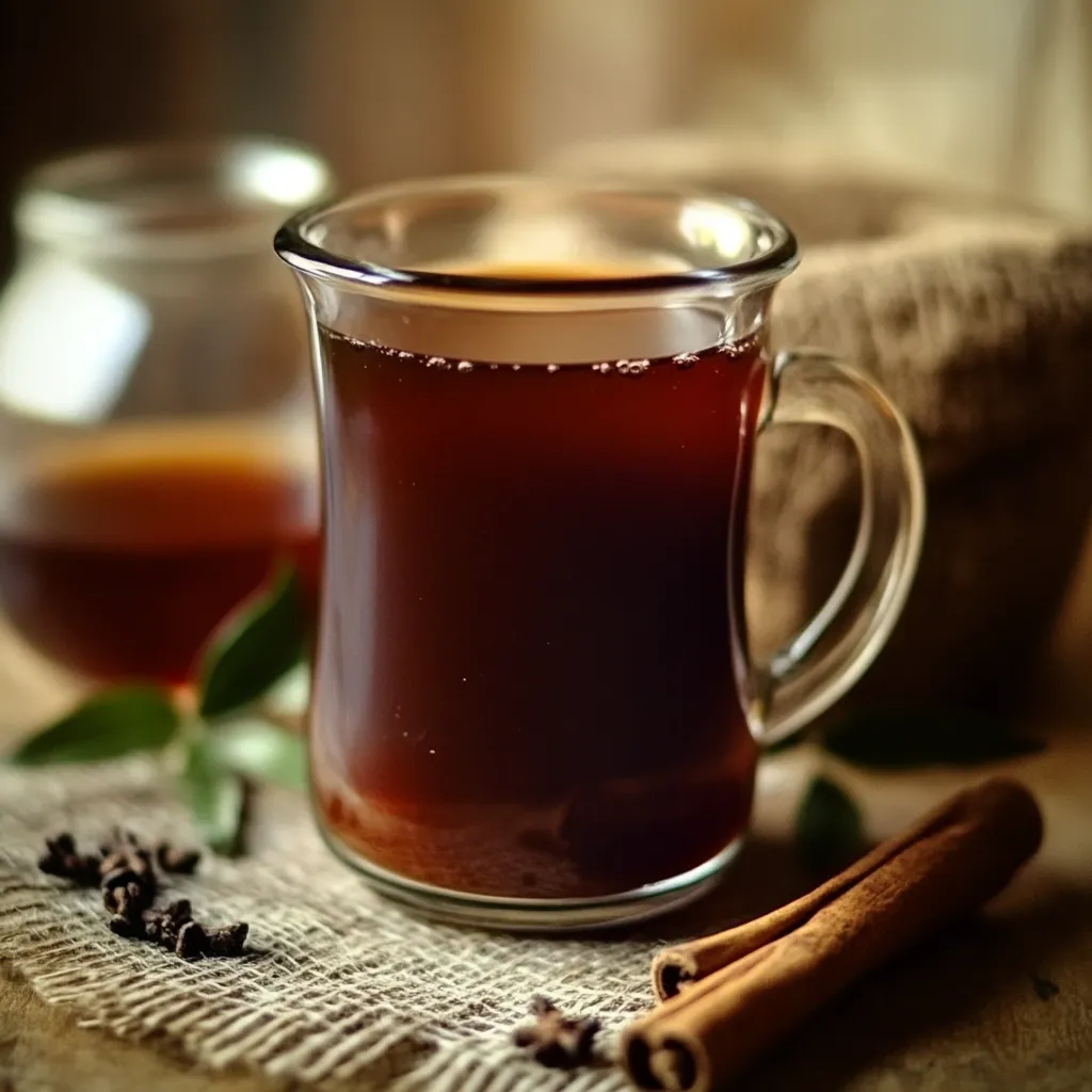 Té de jamaica, canela y laurel servido en un vaso, con un color rojo vibrante y decorado con una raja de canela.