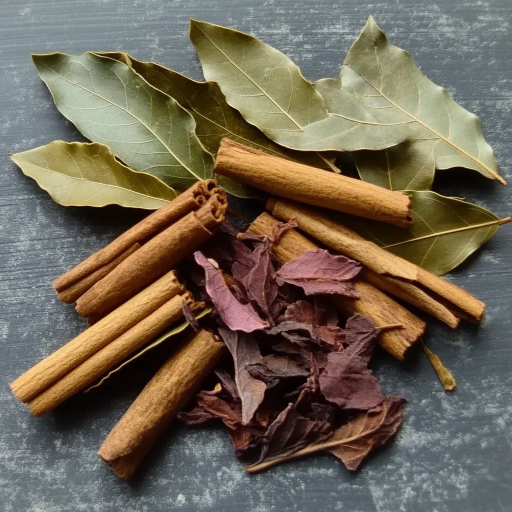 Té rojo de Jamaica con laurel y canela en una jarra de vidrio, acompañado de hojas frescas