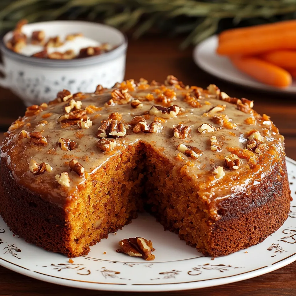 Torta de Zanahoria Húmeda servida en un plato con nueces decorativas y un glaseado de queso crema.