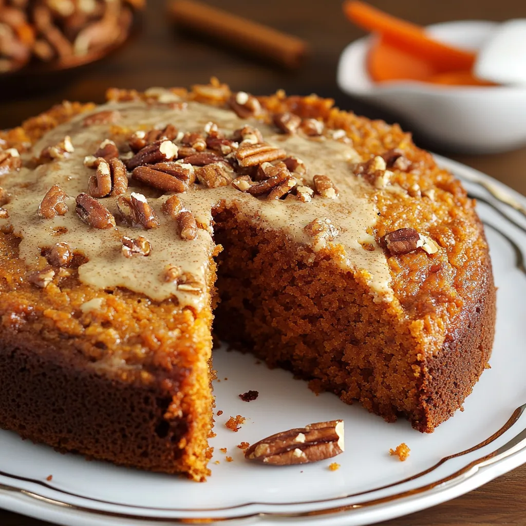 Torta de Zanahoria Húmeda servida en un plato con nueces decorativas y un glaseado de queso crema.