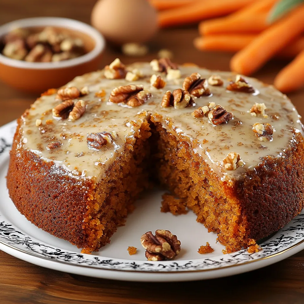 Torta de Zanahoria Húmeda servida en un plato con nueces decorativas y un glaseado de queso crema.