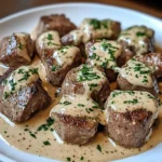 Plato servido de trocitos de carne bañados en una salsa cremosa de mantequilla de ajo y queso parmesano, decorado con perejil fresco.