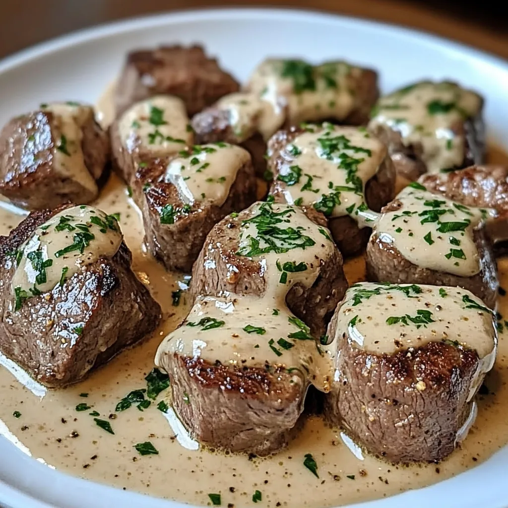 Plato servido de trocitos de carne bañados en una salsa cremosa de mantequilla de ajo y queso parmesano, decorado con perejil fresco.