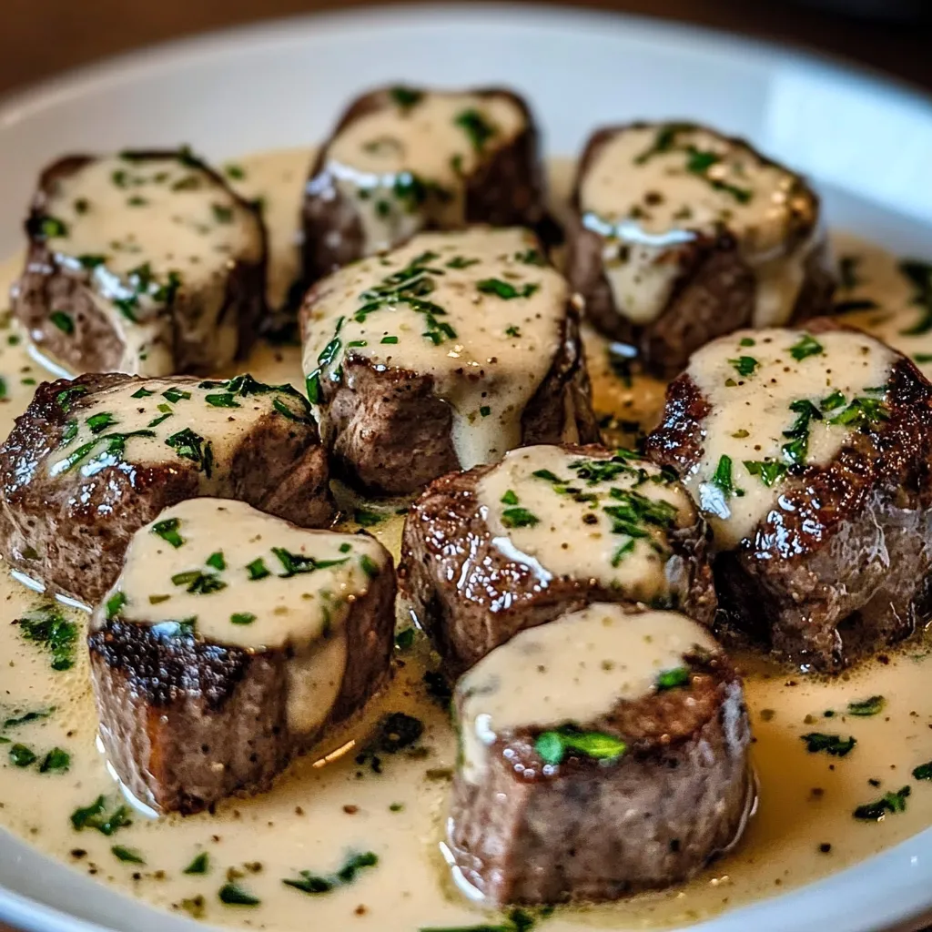 Plato servido de trocitos de carne bañados en una salsa cremosa de mantequilla de ajo y queso parmesano, decorado con perejil fresco.