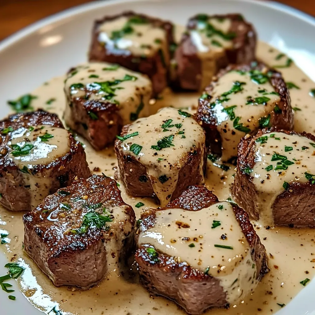 Plato servido de trocitos de carne bañados en una salsa cremosa de mantequilla de ajo y queso parmesano, decorado con perejil fresco.