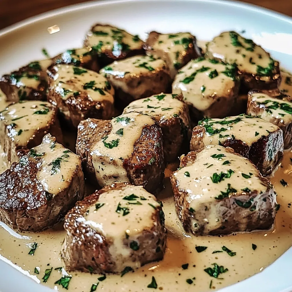 Plato servido de trocitos de carne bañados en una salsa cremosa de mantequilla de ajo y queso parmesano, decorado con perejil fresco.