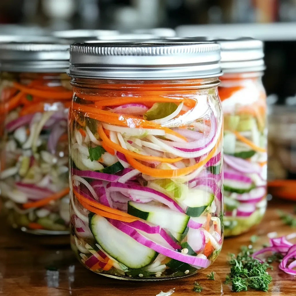 Frascos de vidrio con verduras en escabeche casero, incluyendo zanahorias, pimientos y coliflor en un líquido de vinagre y especias.